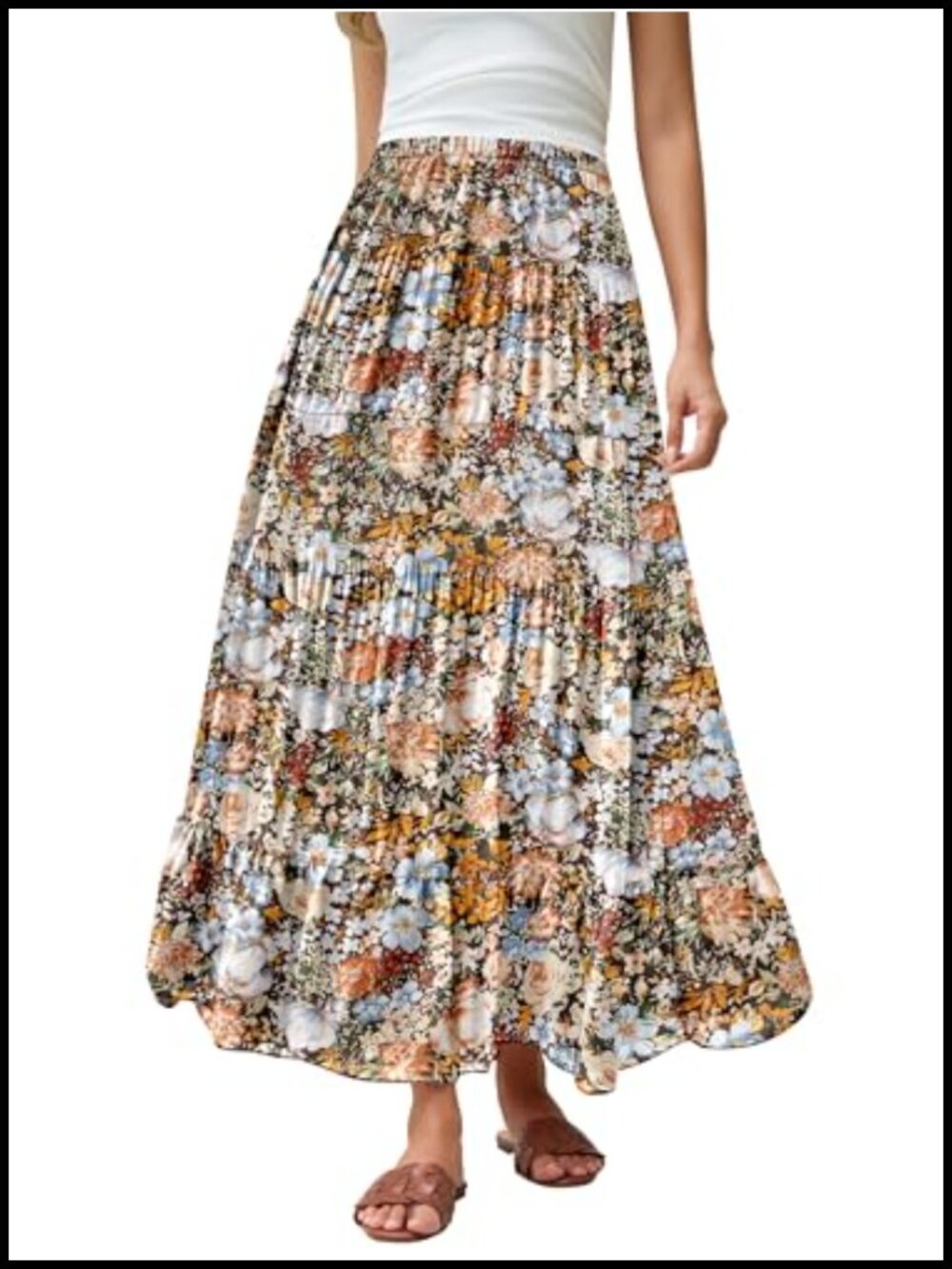 Flowy Boho Floral A Line Maxi Skirt High Waisted Chiffon Ruffle Beach Long Skirt